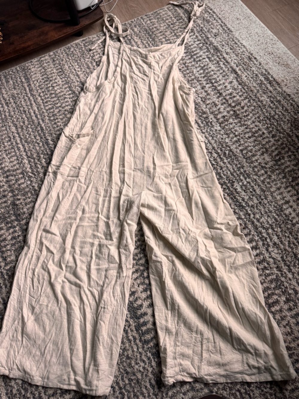Casual Wide-Leg Tie-Strap Jumpsuit in Cream